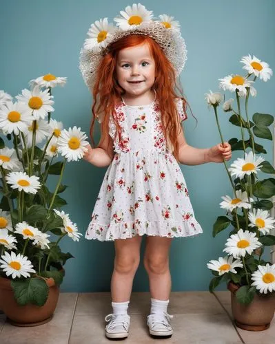 whimsical,A silly little girl with long messy red hair, eyelashes, small nose and thin lips,white flower pattern bandana with 2 flowers. white shoes, dressed in a white flower pattern dress bell shape