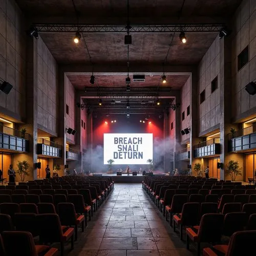 Industrial chic concert hall, brutalist architecture, exposed concrete walls, metallic accents, minimalist decor, functional design, geometric shapes, primary color scheme, bold typography, avant-gard