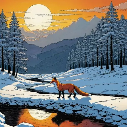 the red fox,red fox,a fox,fox,deer illustration,snow landscape,Illustration,American Style,American Style 03