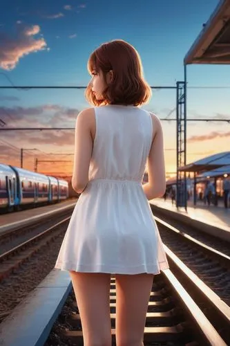 the girl at the station,idolmaster,mind the gap,white rose on rail,rail track,hoshihananomia,Photography,General,Cinematic