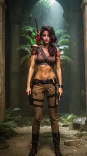 lara croft, short, bare navel,female warrior,lara,warrior woman,cave girl,huntress,digital compositing,hard woman,fantasy warrior,the enchantress,muscle woman,fantasy woman,barbarian,gladiators,darth 