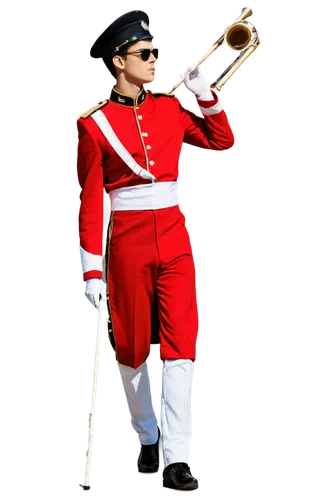 Drum major, marching band, male, young adult, serious expression, sunglasses, short black hair, red uniform, golden buttons, white gloves, drumsticks, dynamic pose, energetic movement, spotlight, dram