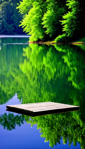 Serene lake, wooden dock, calm water reflection, surrounded by lush green trees, tranquil atmosphere, sunny day, warm lighting, shallow depth of field, natural texture, horizontal composition, realist