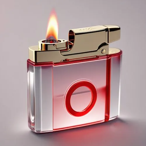 a lighter with a red circle display in the middle, 3d rendering, 3d item, personal lighter, elegant design,petrol lighter,cigarette lighter,zippo,letter o,spray candle,valentine candle,retro kerosene 