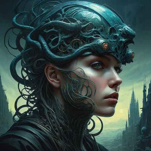 sci fiction illustration,savickas,fantasy portrait,fantasy art,medusa,fathom,giger,enchantress,biomechanical,head woman,the enchantress,shadowrun,cybernetically,sedna,cybernetic,mystical portrait of a girl,telepath,displacer,behenna,hecate,Illustration,Realistic Fantasy,Realistic Fantasy 03