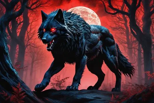 Dark fantasy, black demon wolf, muscular build, glowing red eyes, sharp teeth, fluffy fur, standing on all fours, claws extended, full moon behind, misty forest, twisted trees, eerie ambiance, dramati