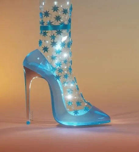 a blue high heeled shoe with lights inside of it,cinderella shoe,high heeled shoe,high heel shoes,heeled shoes,stiletto-heeled shoe,stack-heel shoe,Photography,General,Realistic