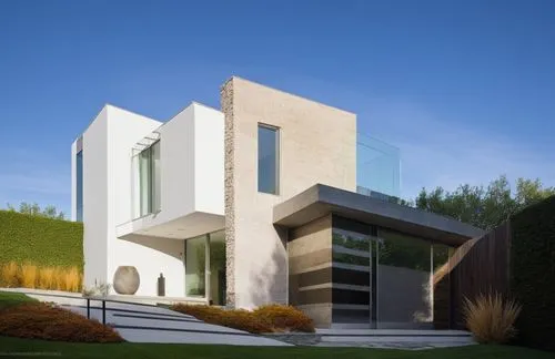 EXTERIOR DESIGN OF A MINIMALIST STYLE HOUSE, LOCATED IN A CORNER, WITH WALLS IN WHITE AND NEUTRAL COLORS, WITH A MAIN WALL WITH TRAVERTINE MARBLE COVERING, GLASS WINDOW IN THE CORNER, WOODEN DOORS, ER