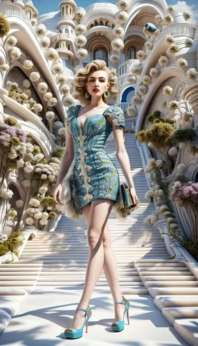 world digital painting,gaudí,woman walking,3d fantasy,retro woman,cinderella,girl walking away,fantasy picture,marilyn,fantasy woman,art deco background,digital compositing,park güell,3d background,fantasy world,photomanipulation,fantasia,art deco woman,promenade,fantasy city