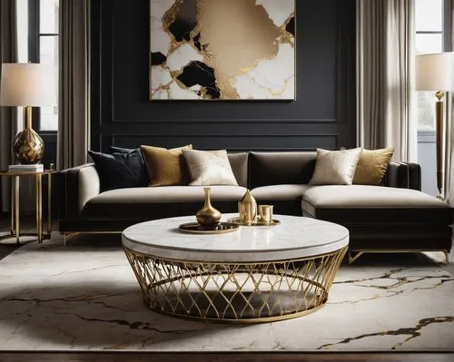 Luxurious living room, modern minimalist style, creamy white walls, dark wood flooring, velvet sofa with subtle sheen, golden metal legs, marble coffee table with unique veining pattern, woven natural