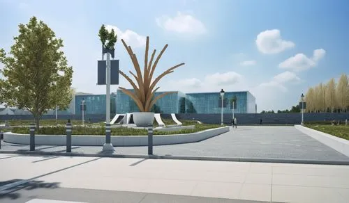 An Architectural rendering of A street with sculptural park to the right,a sculpture of an orange tree in front of a modern building,biotechnology research institute,saclay,technopark,ucd,kaist,3d ren