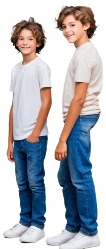 Two brothers, different ages, standing back to back, casual wear, jeans, white T-shirts, sneakers, messy hair, smiling faces, warm skin tone, soft lighting, shallow depth of field, cinematic compositi