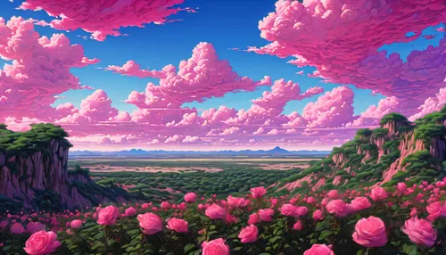 flowerful desert,mushroom landscape,japanese sakura background,landscape rose,landscape background,sakura background,blooming field,purple landscape,sky rose,fantasy landscape,dreamscape,bougainvilleans,high landscape,cartoon video game background,virtual landscape,futuristic landscape,cloudmont,pink grass,beautiful landscape,beauty scene,Illustration,Japanese style,Japanese Style 05