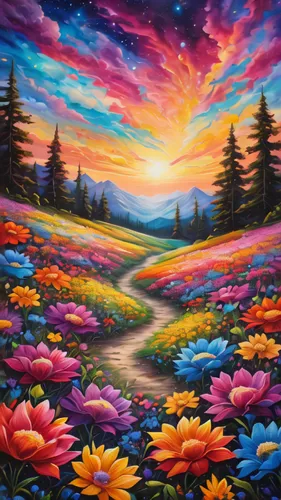 blanket of flowers,oil painting on canvas,flower painting,art painting,psychedelic art,colorful background,landscape background,meadow landscape,forest landscape,flower field,splendor of flowers,salt meadow landscape,flower meadow,blooming field,nature landscape,sea of flowers,pathway,meadow in pastel,field of flowers,harmony of color,Photography,General,Natural