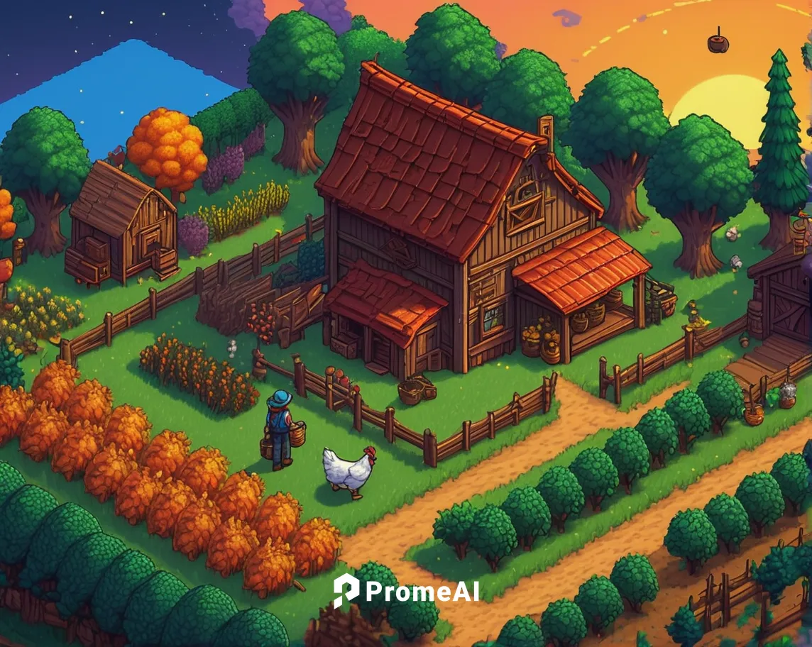 fantasy landscape, Stardew Valley, solar essence, glowing object, held by character, farmer outfit, pixel art style, vibrant colors, farming tools, crops, barn, animals, chickens, cows, pixelated tree