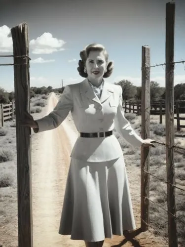 Historical scene in Texas,a woman standing on a dirt road near a fence,deadman ranch,maureen o'hara - female,wishman,aagpbl,lordsburg,tucumcari,Photography,Black and white photography,Black and White 