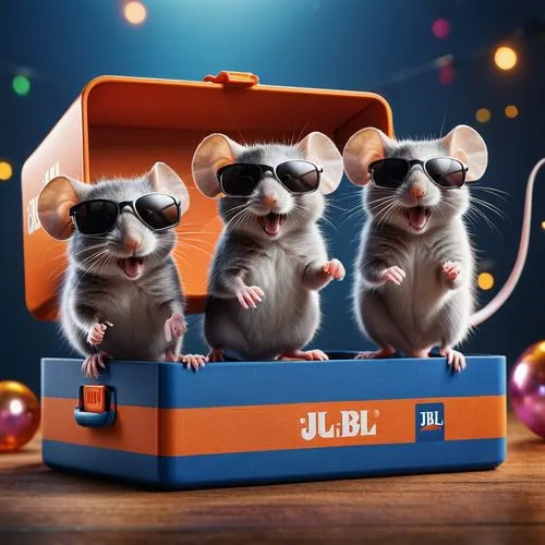 Eine Gruppe von drei Mäusen tanzen ausgelassen auf einer JBL Partybox auf der das Logo-JBL-steht, dabei tragen die Mäuse Sonnenbrillen und die Stimmung ist lustig und im Party Flair, digital art, phot