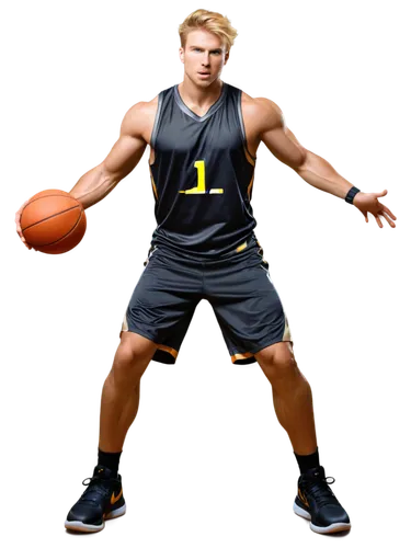 Fantasy basketball player, muscular male, dynamic pose, shining sweat, athletic wear, basketball in hand, fierce expression, golden hair, intense gaze, sleeveless jersey, short pants, Nike shoes, meta