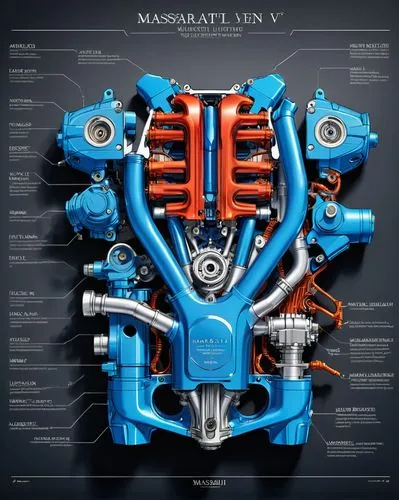 an industrial design sketch of a beautiful Maserati Nettuno 3.0 (V6 T, 630 CV) engine (construction plan),  alien advanced concept model, futuristic style with all the data related to its construction