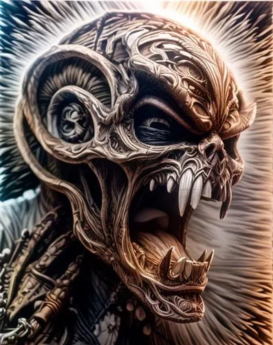 fractalius,alien warrior,shaman,poseidon god face,skull mask,gorgon,death god,hag,biomechanical,golden mask,raider,warlord,predator,skordalia,png image,gold mask,digital art,primitive man,digital artwork,reptilian