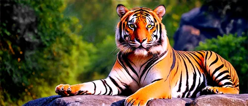 Bengal tiger, adult male, majestic posture, orange and black stripes, muscular body, sharp claws, green eyes, wet nose, tongue out, sitting on rock, morning sunlight, 3/4 composition, shallow depth of