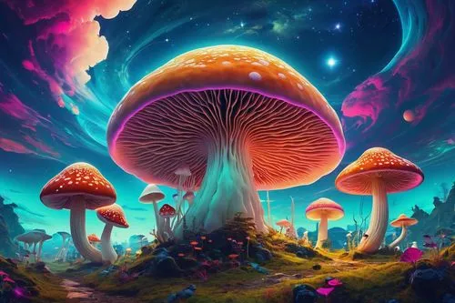 Psychedelic art, vibrant neon colors, dreamy atmosphere, surreal landscape, glowing mushrooms, swirling clouds, stars twinkling, cosmic background, abstract shapes, melting objects, distorted proporti