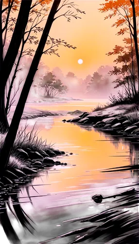 river landscape,evening lake,watercolor background,swampy landscape,japan landscape,backwater,waterscape,autumn scenery,wetland,landscape background,autumn landscape,small landscape,wetlands,water scape,swamps,backwaters,brook landscape,tranquility,foggy landscape,river bank,Illustration,Black and White,Black and White 30