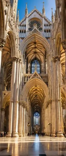 Milan Cathedral, Gothic architecture, grandeur, intricate carvings, stained glass windows, towering spires, ornate facade, white marble, statues of saints, golden accents, afternoon sunlight, dramatic