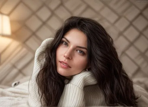 girl in bed,warm and cozy,relaxed young girl,romantic portrait,brunette with gift,woman portrait,romantic look,beautiful young woman,young woman,portrait photography,sweater,woman on bed,depressed woman,female model,girl portrait,portrait photographers,portrait background,woman thinking,attractive woman,girl on a white background,Common,Common,Photography