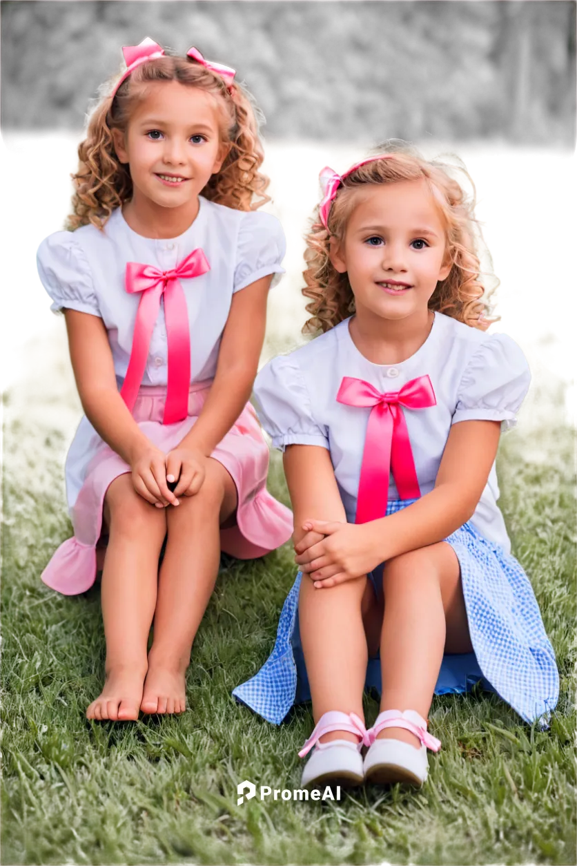 Little girls, portrait, two children, 5-7 years old, cute facial expressions, big brown eyes, curly blonde hair, pink ribbons, rosy cheeks, gentle smiles, white blouses, blue skirts, knees bent, sitti