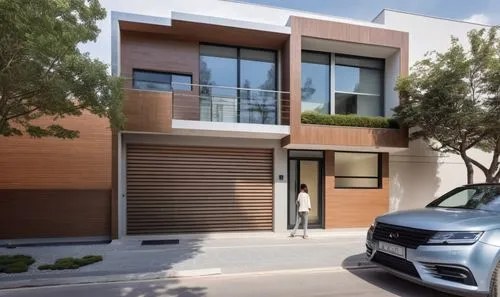 casa minimalista con algunos muros en ladrillo visto y marcos de concreto grises oscuros, ventanas de vidrio muy reflectivo, marco de aluminio negro, puerta de garaje en aluminio negro intenso con una