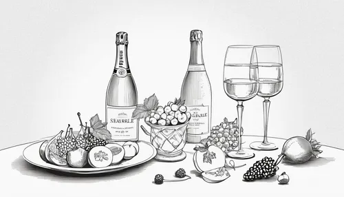 food styling,still-life,sparkling wine,still life,food and wine,summer still-life,tableware,place setting,tablescape,holiday table,food icons,wine bottle range,new year clipart,silver cutlery,glasswares,stemware,champagne stemware,book illustration,food collage,still life photography,Illustration,Black and White,Black and White 04