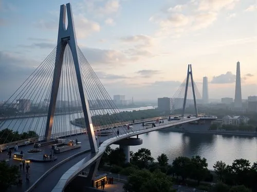 Futuristic bridge design, sleek metal arches, suspension cables, LED lighting strips, dynamic triangular shapes, bold angular lines, minimalist pedestrian walkways, modern urban cityscape, misty atmos