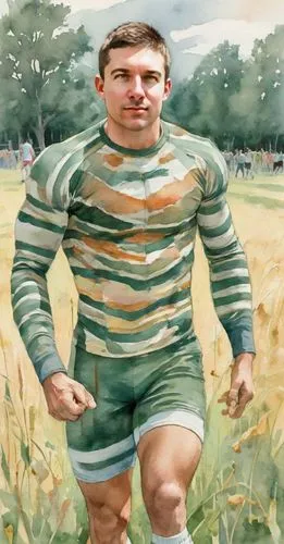 a man with sleek, athletic body pieces stands in the middle of a field, hand in hand completing a complex art piece. The art is done with bold, striped lines and textured lines. The man's fur is a dee