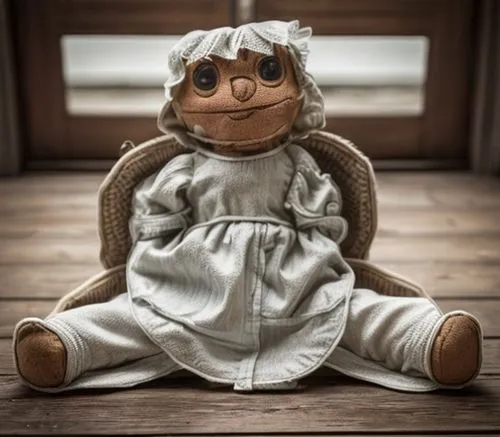 a cute old bare rag doll,monchhichi,wooden doll,cloth doll,female doll,handmade doll,wooden figure,pubg mascot,vintage doll,straw doll,et,teddy bear waiting,knuffig,child is sitting,collectible doll,s