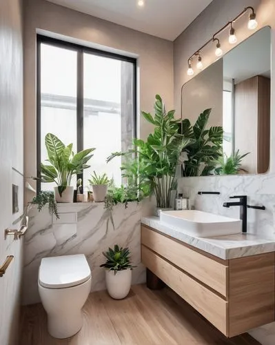 Small bathroom interior design, modern minimalist style, solo sink cabinet, marble countertop, LED mirror lights, glass shower door, white ceramic toilet, wooden floorboards, potted greenery, natural 