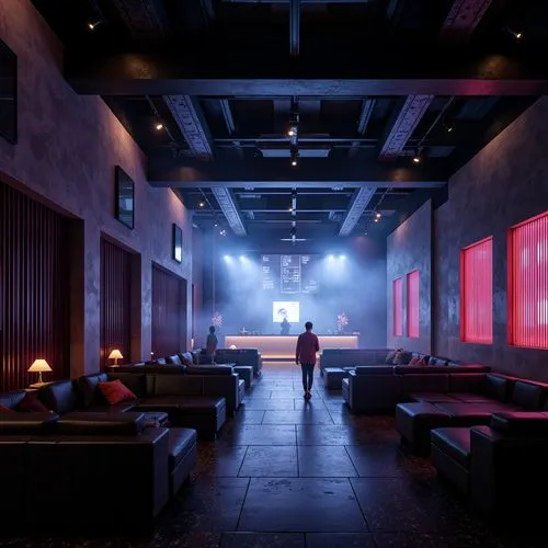 Dark atmospheric nightclub, minimalistic interior design, sleek lines, polished metal accents, low-key lighting, fog machines, strobe lights, DJ booth, bar counter, lounge seating areas, velvet curtai