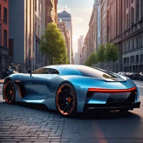 Create a beautiful,  futuristic, sporty car image. Impressive Beauty in design shape The background image is a street in the capital.,bugatti chiron,aston martin vulcan,i8,porsche 718,corvette mako sh