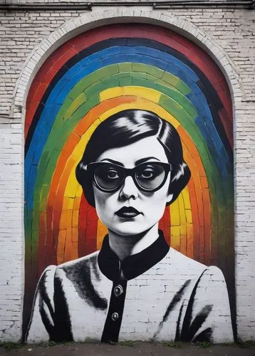 widow  rainbow white ceramics wall, dark glasses, bright  black eyes photography,  mural in the top of the building, ,cosima,shoreditch,audrey hepburn-hollywood,audrey hepburn,rone,audrey,popart,molko