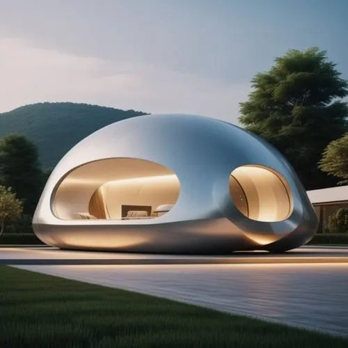 Build a very beautiful space shuttle style house, shiny stainless steel surface, glass, impressive, set in the middle of a beautiful garden, professional realistic image.,futuristic architecture,cubic