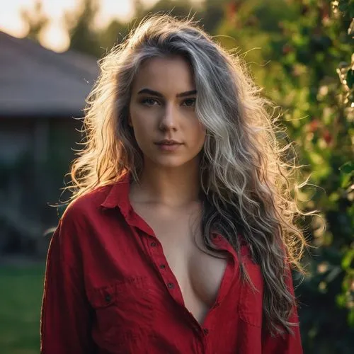 (20 years old, young:1.2)  A beautiful young girl with long messy grey hair. She is looking at the camera. A Masterpiece, best quality, relaxing, standing in the yard. wearing oversized red cotton shi