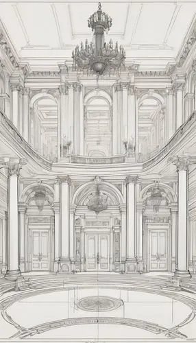 cochere,marble palace,proscenium,neoclassical,ornate room,borromini,palladian,ballroom,entablature,archly,baroque,bolshoi,colonnaded,neoclassicism,coffered,white room,corinthian order,empty hall,versailles,empty interior,Unique,Design,Blueprint