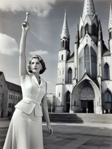 B&W photo: Ms. Eva H. in front of the Kaiser Wilhelm Memorial Church in Berlin.,an older black and white po of a woman pointing toward a building,assumpta,steeples,dolores,church faith,immaculata,clon