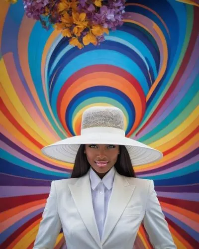 Es bonita, es ella una gran obra maestra ,a woman standing in front of a colorful wall,santigold,amerykah,badu,erykah,panama hat,homogenic