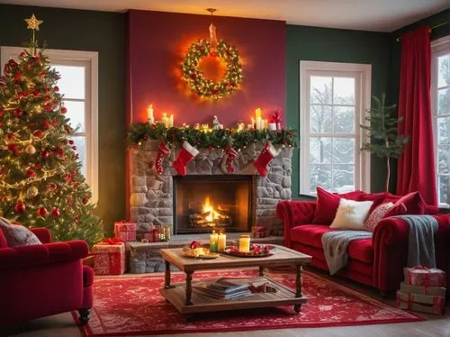 Christmas living room, festive atmosphere, snowflake-patterned red carpet, luxurious velvet sofa, golden ornamented Christmas tree, twinkling string lights, presents wrapped in colorful paper, snowman