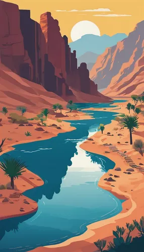 Imagine yourself exploring Wadi Mujib during a peaceful sunrise.,desert landscape,desert desert landscape,desert background,desert,the desert,arid landscape,capture desert,river landscape,canyon,moon 