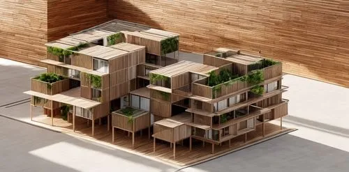 TODO EL PROYECTO ES DE MADERA, EN LA PARTE SUPERIOR QUE ES EL TECHO PONE VEGETACION Y MANTEN LAS VENTANAS
,cube stilt houses,cubic house,wooden cubes,apartment block,timber house,apartment building,ec