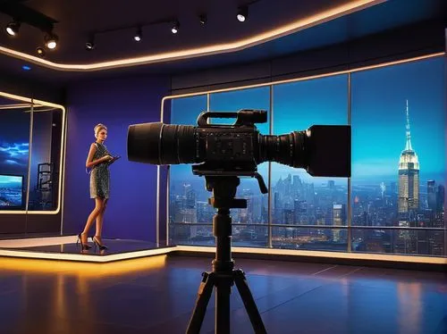 Modern TV studio set, sleek architectural lines, metallic framework, glass walls, minimalist decor, spotlights, cameras, boom microphones, production crew, hosts, fashionable outfits, high heels, styl