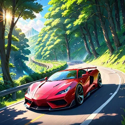 a sleek and futuristic car with a red body and a roaring engine speeds down a winding road surrounded by lush green trees. The sun is shining, and the windows are rolled down, allowing the vehicle to 