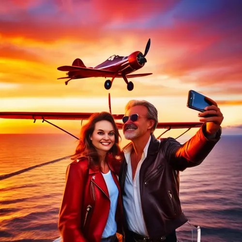 a man holding up a phone and a woman taking a picture,loving couple sunrise,sunrise flight,freeflying,airtours,tandem gliders,the pictures of the drone